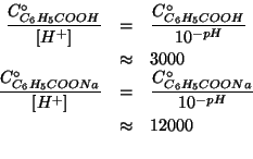\begin{eqnarray*}
\frac{\CZeroOf{{C_6H_5COOH}}}{\ConcOf{{H^+}}}&=&\frac{\CZeroOf...
...&=&\frac{\CZeroOf{{C_6H_5COONa}}}{10^{-pH}}\\
&\approx&12000\\
\end{eqnarray*}