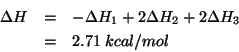 \begin{eqnarray*}
\Delta{}H&=&-\Delta{}H_1+2\Delta{}H_2+2\Delta{}H_3\\
&=&2.71\;kcal/mol
\end{eqnarray*}