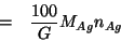 \begin{eqnarray*}
&=&\frac{100}{G}\MWOf{Ag}\NOf{Ag}\\
\end{eqnarray*}
