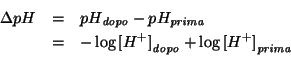 \begin{eqnarray*}
\Delta{}pH&=&\PHOf{\mathit{dopo}}-\PHOf{\mathit{prima}}\\
&=&...
...x{{H^+}}{\mathit{dopo}}+\log\ConcOfIdx{{H^+}}{\mathit{prima}}\\
\end{eqnarray*}