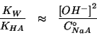 \begin{eqnarray*}
\frac{K_W}{K_{HA}}&\approx&\frac{\left[OH^-\right]^2}{C^\circ_{NaA}}\\
\end{eqnarray*}