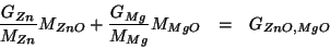 \begin{eqnarray*}
\frac{G_{Zn}}{\MWOf{Zn}}\MWOf{ZnO}+\frac{G_{Mg}}{\MWOf{Mg}}\MWOf{MgO}&=&G_{ZnO,MgO}
\end{eqnarray*}