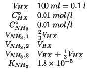 $
\begin{array}{rl}
\VOf{HX}&100\;ml=0.1\;l\\
\CZeroOf{HX}&0.01\;mol/l\\
\CZer...
...3,3}&\VOf{HX}+\frac{1}{3}\VOf{HX}\\
\KOf{NH_3}&1.8\times10^{-5}\\
\end{array}$