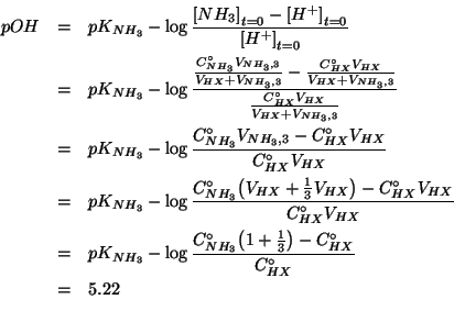 \begin{eqnarray*}
pOH&=&pK_{NH_3}-\log{\frac{\InitialConcOf{NH_3}-\InitialConcOf...
...(- (* c0nh3 (+ 1.0 (/ 1.0 3.0))) c0hx) c0hx))))5.221848749616356
\end{eqnarray*}