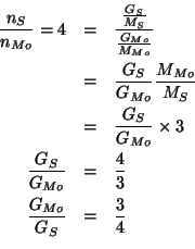 \begin{eqnarray*}
\frac{n_S}{n_{Mo}}=4&=&\frac{\frac{G_S}{M_S}}{\frac{G_{Mo}}{M_...
..._S}{G_{Mo}}&=&\frac{4}{3}\\
\frac{G_{Mo}}{G_S}&=&\frac{3}{4}\\
\end{eqnarray*}