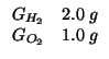 $
\begin{array}{rl}
\GOf{H_2}&2.0\;g\\
\GOf{O_2}&1.0\;g\\
\end{array}$