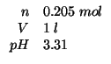 $
\begin{array}{rl}
n&0.205\;mol\\
V&1\;l\\
pH&3.31
\end{array}$