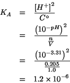 \begin{eqnarray*}
K_A&=&\frac{\ConcOf{H^+}^2}{C^\circ}\\
&=&\frac{\left(10^{-pH...
...{-6}%(/ (expt (expt 10.0 -3.31) 2.0 ).205)1.1701623995217021e-06
\end{eqnarray*}