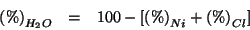 \begin{eqnarray*}
\PercentOf{H_2O}&=&100-\left[\PercentOf{Ni}+\PercentOf{Cl}\right]
\end{eqnarray*}