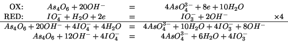 \begin{displaymath}
\begin{array}{rcccr}
\mbox{OX:}&As_4O_6+20OH^-&=&4AsO_4^{3-}...
...4O_6+12OH^-+4IO_4^-&=&4AsO_4^{3-}+6H_2O+4IO_3^-&\\
\end{array}\end{displaymath}