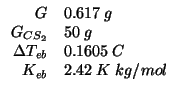 $
\begin{array}{rl}
G&0.617\;g\\
G_{CS_2}&50\;g\\
\Delta{}T_{eb}&0.1605\;C\\
K_{eb}&2.42\;K\;kg/mol\\
\end{array}$