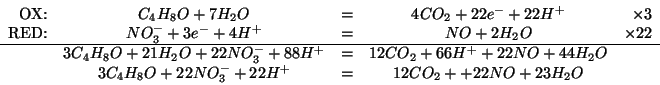 \begin{displaymath}
\begin{array}{rcccr}
\mbox{OX:}&C_4H_8O+7H_2O&=&4CO_2+22e^-+...
...
&3C_4H_8O+22NO_3^-+22H^+&=&12CO_2++22NO+23H_2O&\\
\end{array}\end{displaymath}