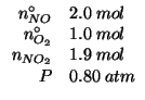 $
\begin{array}{rl}
\NZeroOf{NO}&2.0\;mol\\
\NZeroOf{O_2}&1.0\;mol\\
\NOf{NO_2}&1.9\;mol\\
P&0.80\;atm\\
\end{array}$