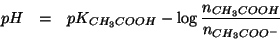 \begin{eqnarray*}
pH&=&pK_{CH_3COOH}-\log\frac{\NOf{CH_3COOH}}{\NOf{CH_3COO^-}}
\end{eqnarray*}