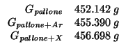$
\begin{array}{rl}
\GOf{\mathit{pallone}}&452.142\;g\\
\GOf{\mathit{pallone}+Ar}&455.390\;g\\
\GOf{\mathit{pallone}+X}&456.698\;g\\
\end{array}$