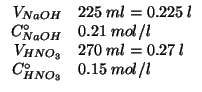 $
\begin{array}{rl}
\VOf{NaOH}&225\;ml=0.225\;l\\
\CZeroOf{NaOH}&0.21\;mol/l\\
\VOf{HNO_3}&270\;ml=0.27\;l\\
\CZeroOf{HNO_3}&0.15\;mol/l\\
\end{array}$