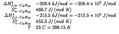 $
\begin{array}{rl}
\Delta{}H^\circ_{f,n-C_8H_{18}}&-208.4\;kJ/mol=-208.4\times1...
..._{i-C_8H_{18}}&455.3\;J/\left(mol\;K\right)\\
T&25\;C=298.15\;K\\
\end{array}$