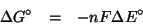 \begin{eqnarray*}
\Delta{}G^\circ&=&-nF\Delta{}E^\circ
\end{eqnarray*}