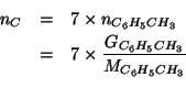 \begin{eqnarray*}
n_C&=&7\times{}n_{C_6H_5CH_3}\\
&=&7\times{}\frac{G_{C_6H_5CH_3}}{M_{C_6H_5CH_3}}\\
\end{eqnarray*}