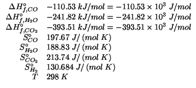 $
\begin{array}{rl}
\Delta{}H^\circ_{f,CO}&-110.53\;kJ/mol=-110.53\times10^{3}\;...
...ght)\\
S^\circ_{H_2}&130.684\;J/\left(mol\;K\right)\\
T&298\;K\\
\end{array}$