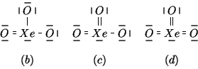 \begin{displaymath}
\begin{array}{ccc}
\begin{xy}
<1em,0em>:
*+{Xe},c=''Xe'';
p...
...r{}?<*\dir{\vert},
\end{xy}\\
&&\\
(b)&(c)&(d)\\
\end{array}\end{displaymath}