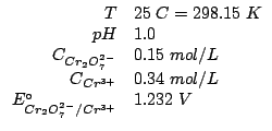 $
\begin{array}{rl}
T&25\;C=298.15\;K\\
pH&1.0\\
\COf{Cr_2O_7^{2-}}&0.15\;mol/...
...COf{Cr^{3+}}&0.34\;mol/L\\
\EZeroOf{Cr_2O_7^{2-}/Cr^{3+}}&1.232\;V
\end{array}$