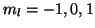 $m_l=-1,0,1$